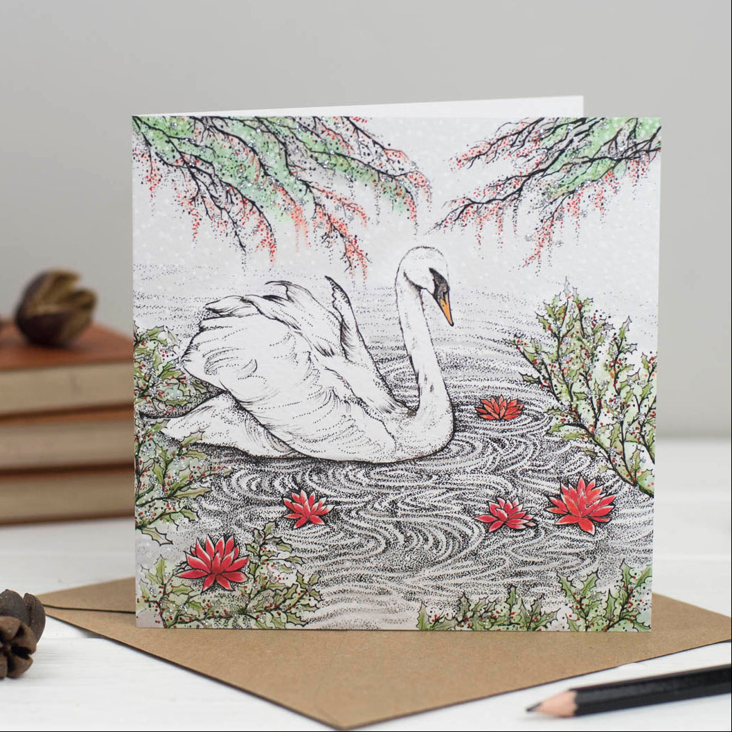 Swan Hand Drawn Bird Art Blank Winter Greeting Card