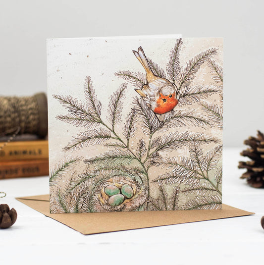 Robins Nest Hand Drawn Blank Art Christmas Greeting Card