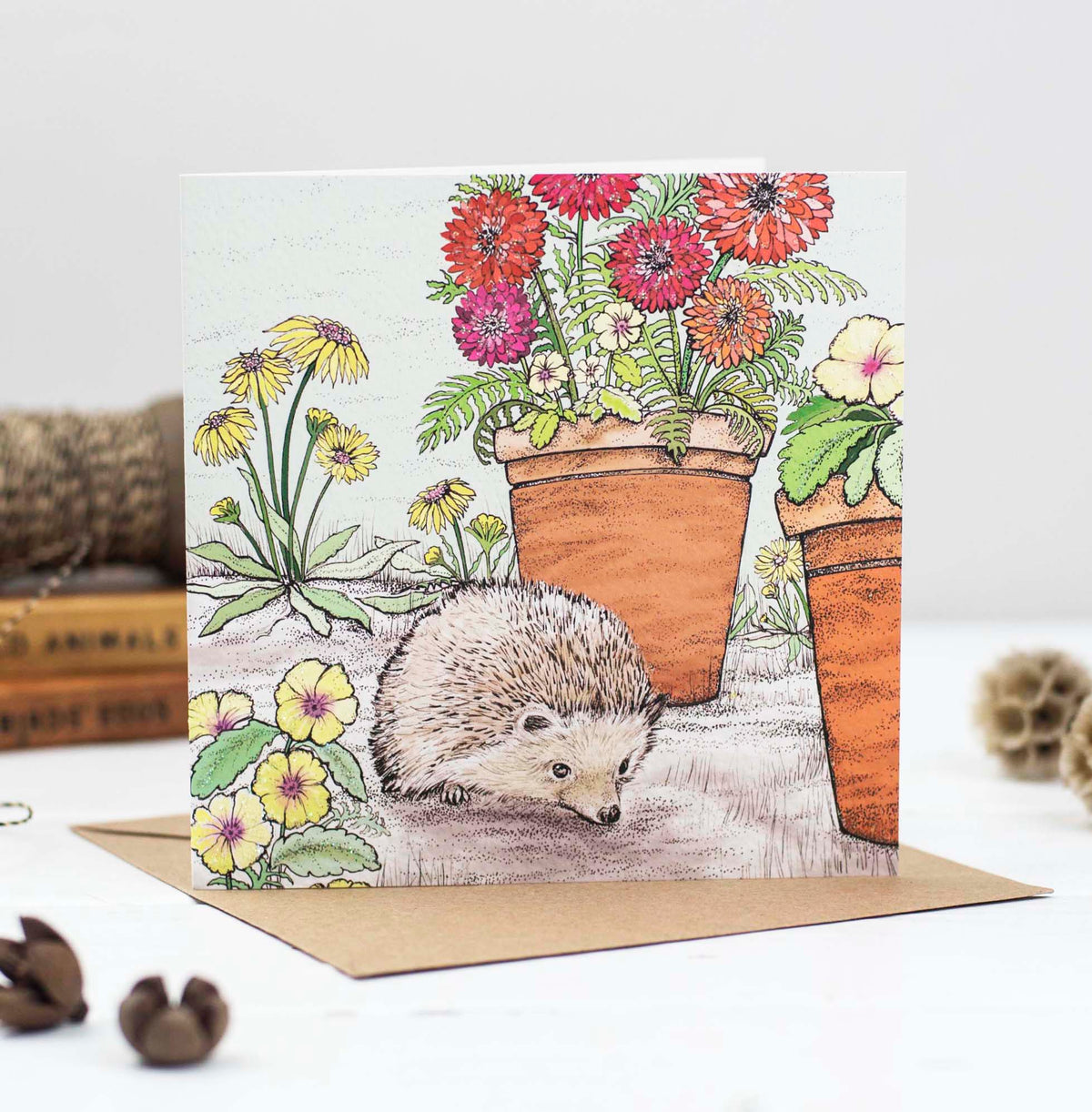 Hedgehog Hand Drawn Floral Art Nature Blank Greeting Card
