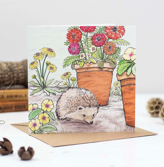 Hedgehog Hand Drawn Floral Art Nature Blank Greeting Card