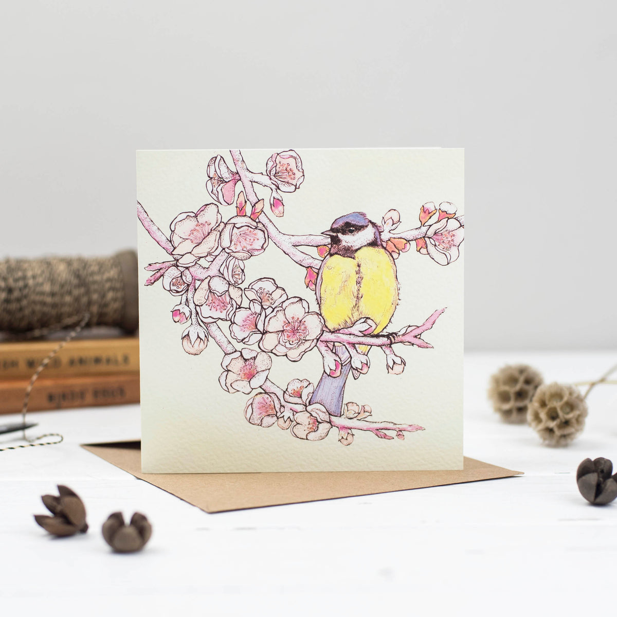 Blue Tit Blossom Hand Drawn Wildlife Art Blank Greeting Card