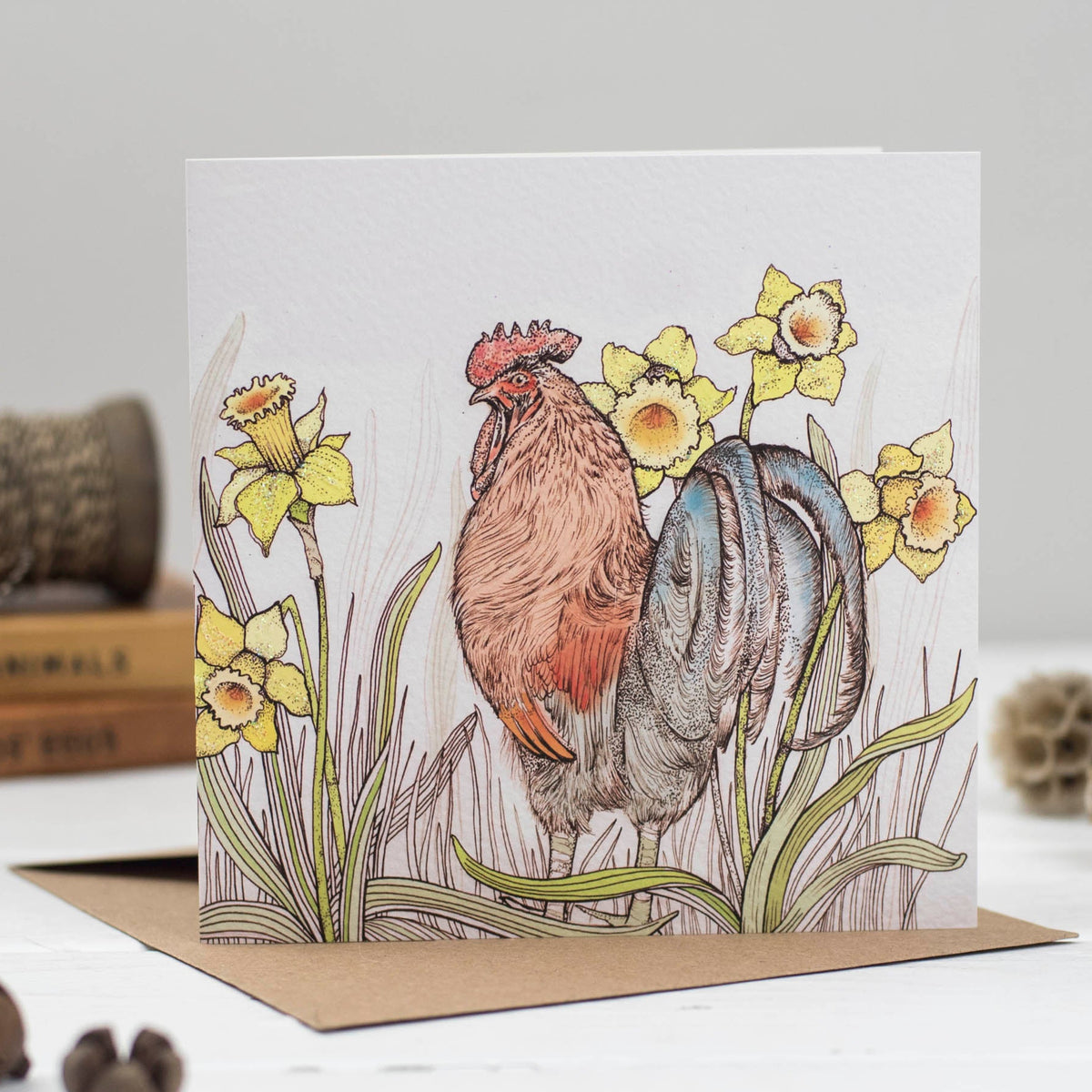 Cockerel Daffodils Hand Drawn Bird Art Blank Greeting Card