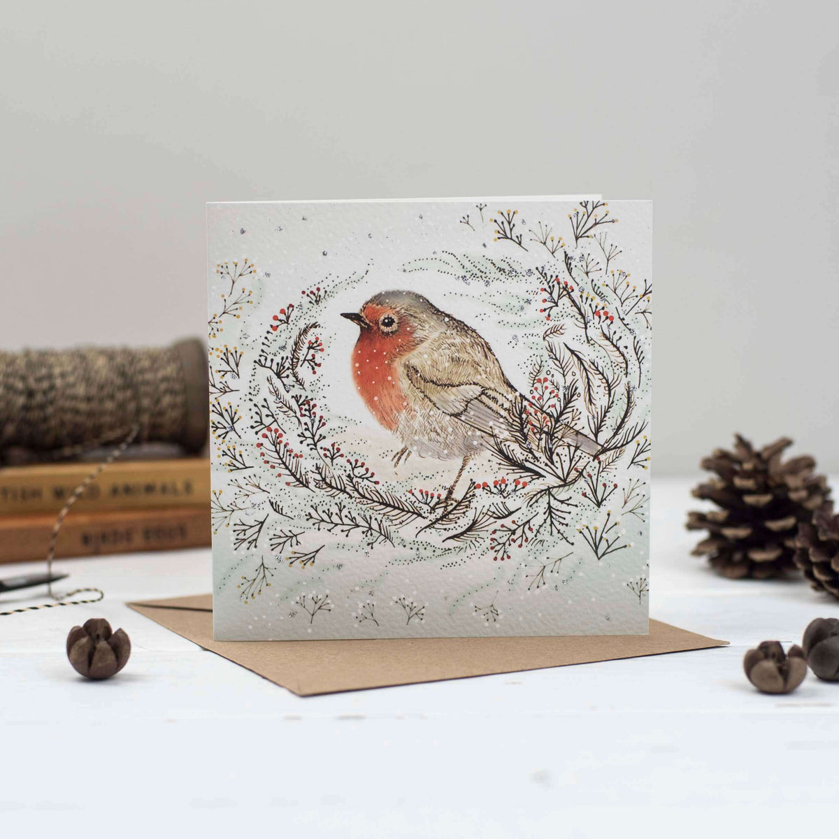 Nesting Robin Hand Drawn Art Blank Christmas Greeting Card