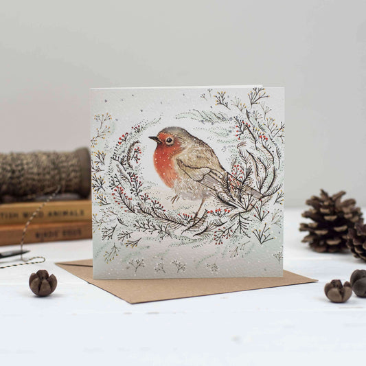 Nesting Robin Hand Drawn Art Blank Christmas Greeting Card