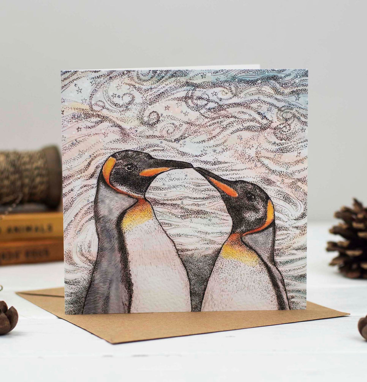 Kissing Penguins Hand Drawn Couple Art Blank Greeting Card