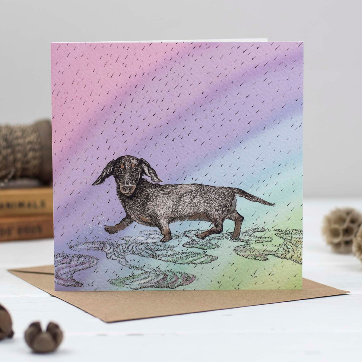 Dachshund Dog Hand Drawn Art Rainbow Blank Greeting Card