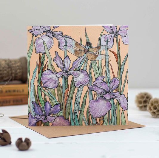 Dragonfly and Iris Hand Drawn Blank Art Greeting Card