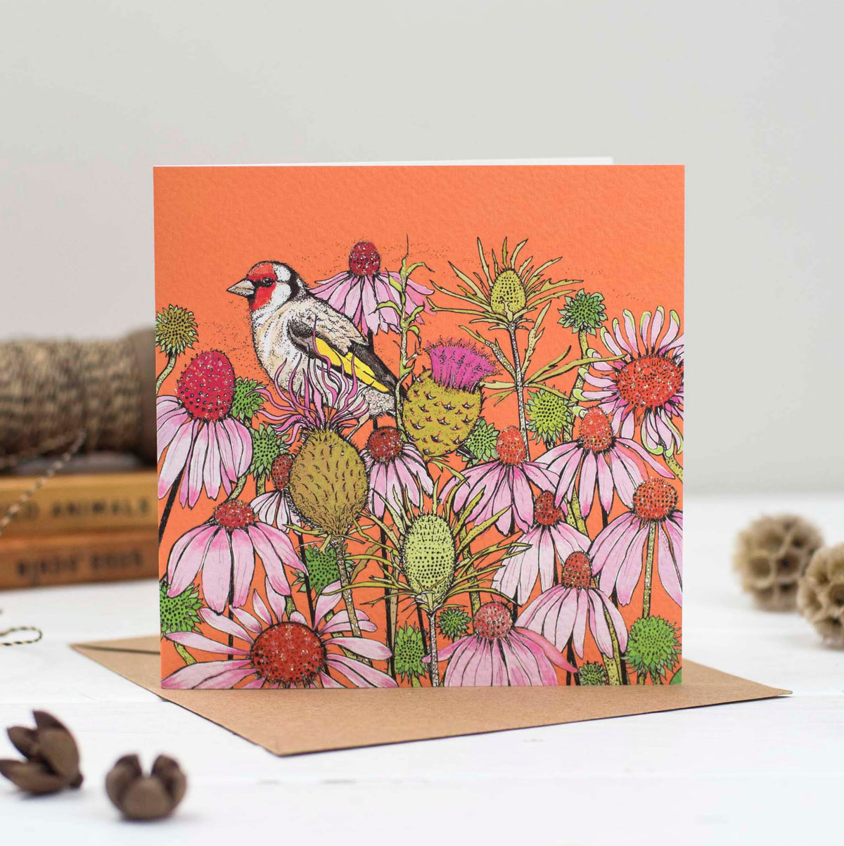 Goldfinch Coneflowers Hand Drawn Blank Bird Greeting Card