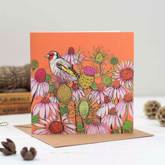 Goldfinch Coneflowers Hand Drawn Blank Bird Greeting Card