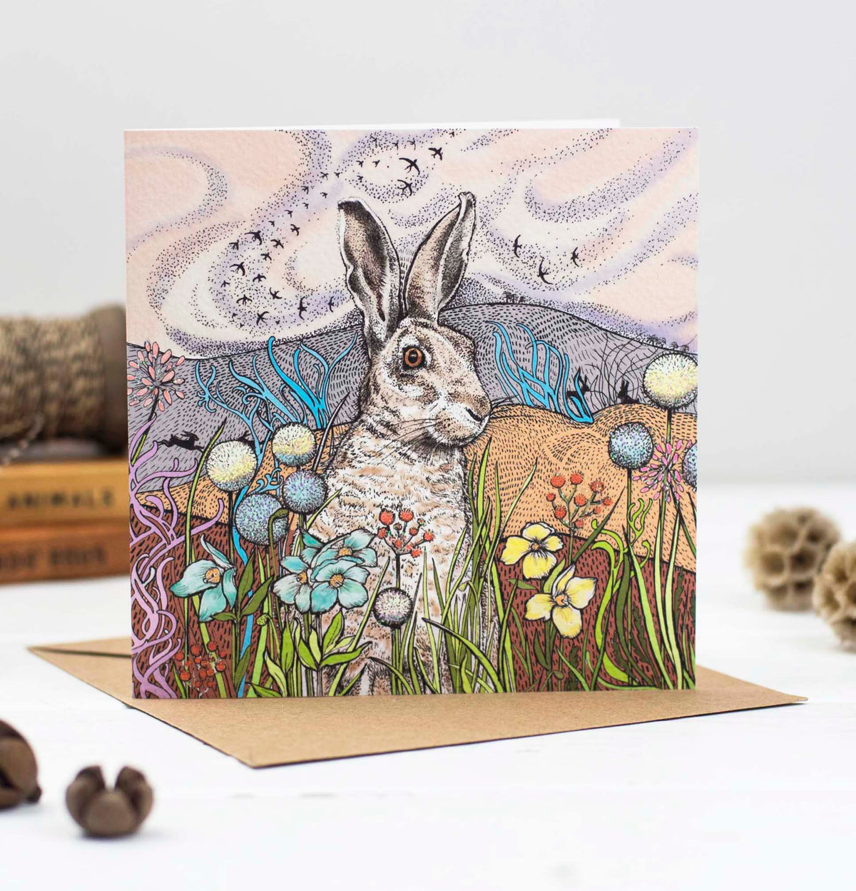 Hares in the Field Hand Drawn Art Blank Animal Greeting Card