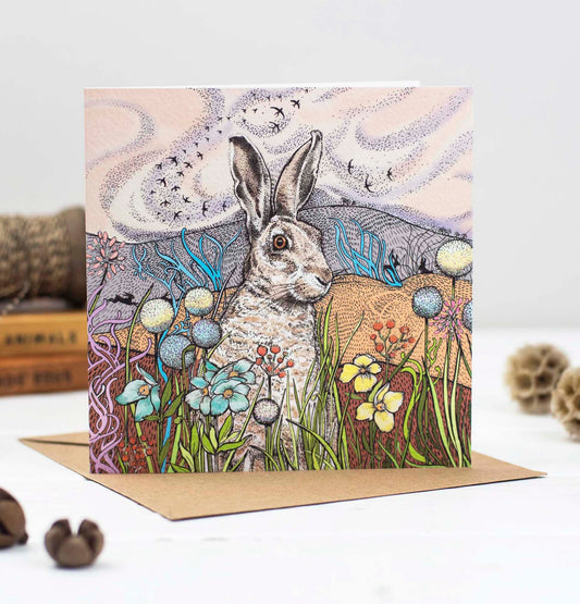 Hares in the Field Hand Drawn Art Blank Animal Greeting Card