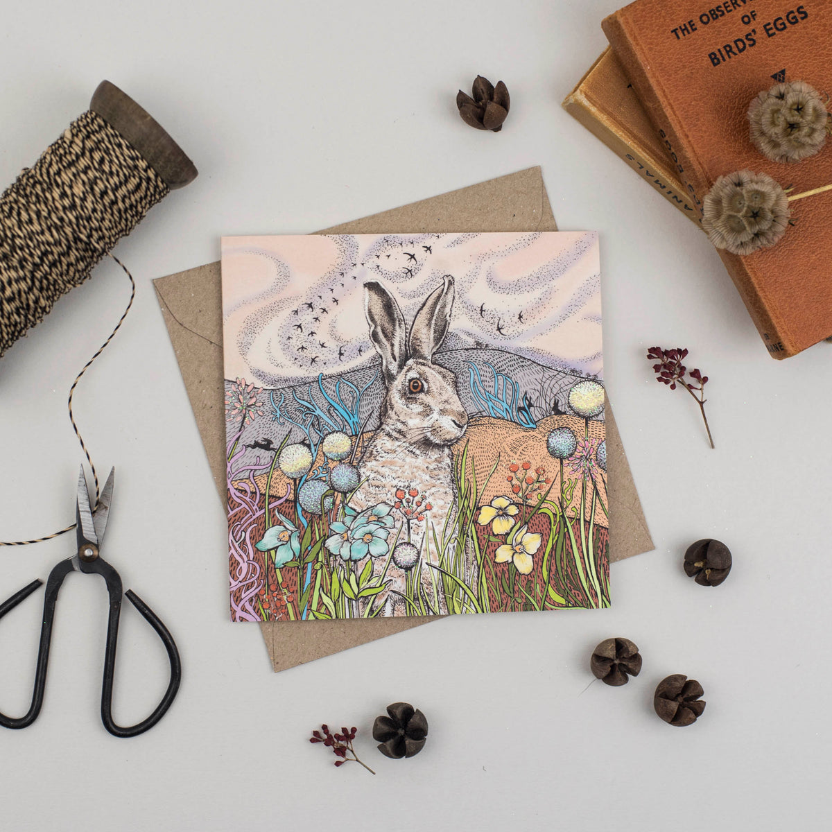 Hares in the Field Hand Drawn Art Blank Animal Greeting Card