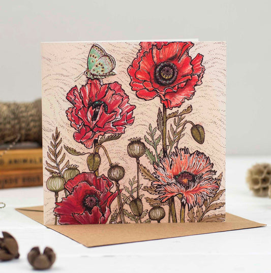 Poppies Butterfly Hand Drawn Art Blank Floral Greeting Card