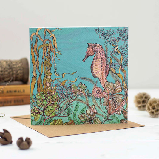 Seahorse Seaweed Hand Drawn Art Blank Greeting Card