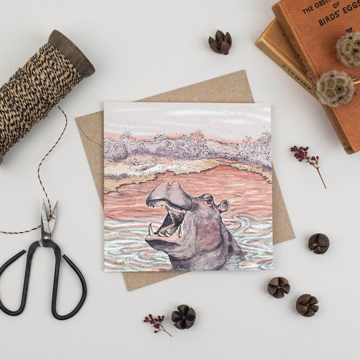Hippopotamus Hand Drawn Art Blank Safari Zoo Greeting Card