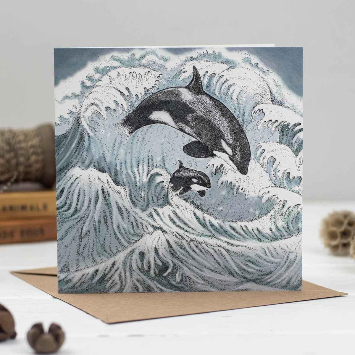 Orcas Hand Drawn Whale Art Blank Sea Ocean Greeting Card