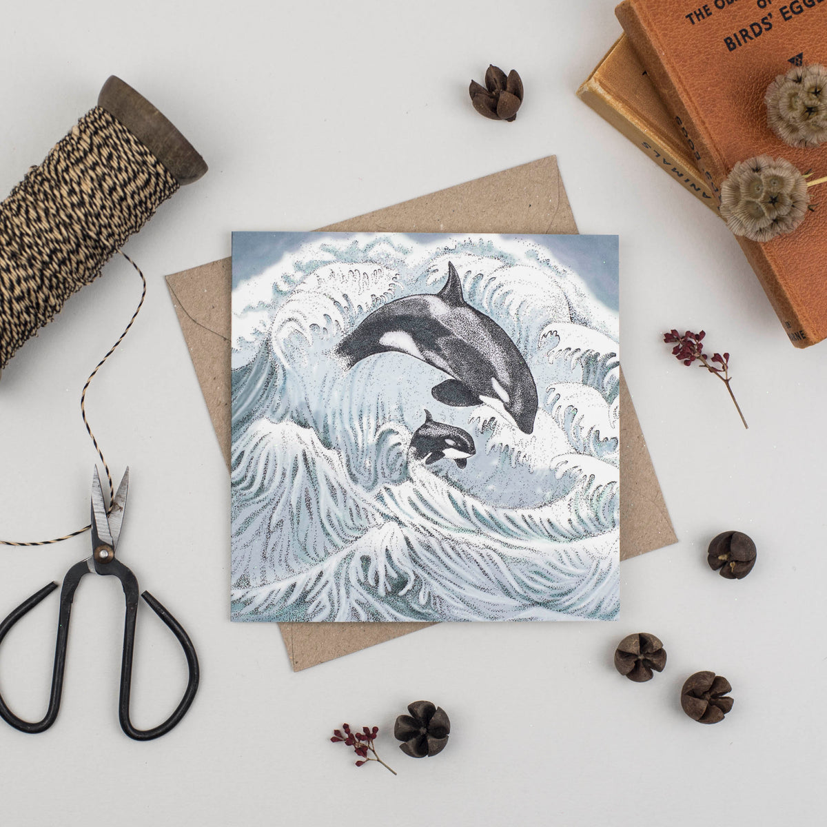 Orcas Hand Drawn Whale Art Blank Sea Ocean Greeting Card
