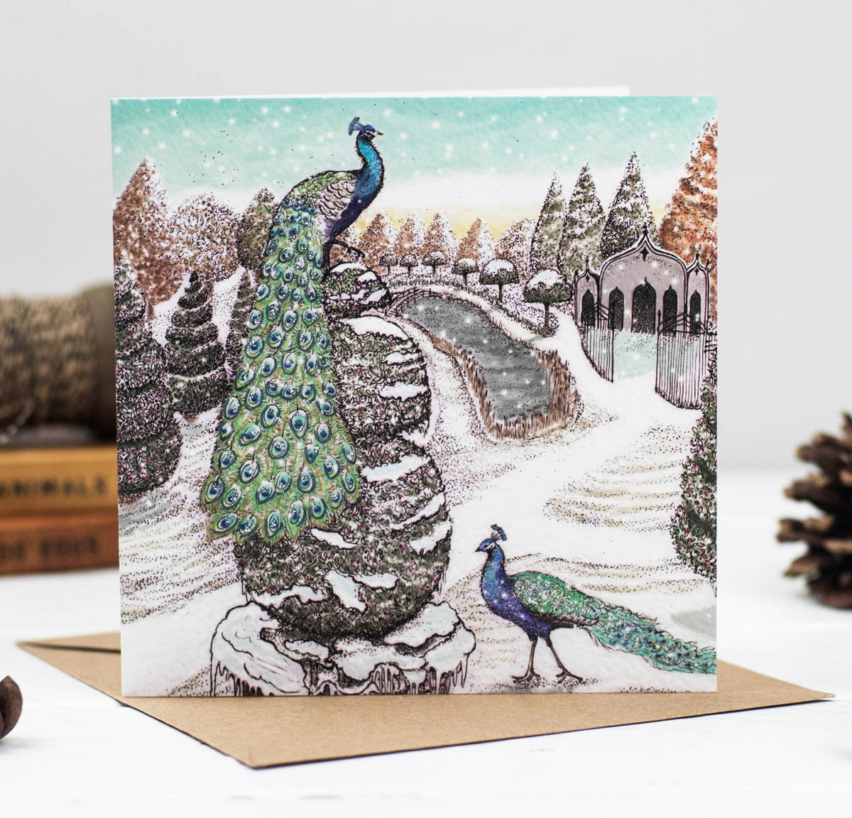 Rococo Garden and Peacocks Winter Greeting Card