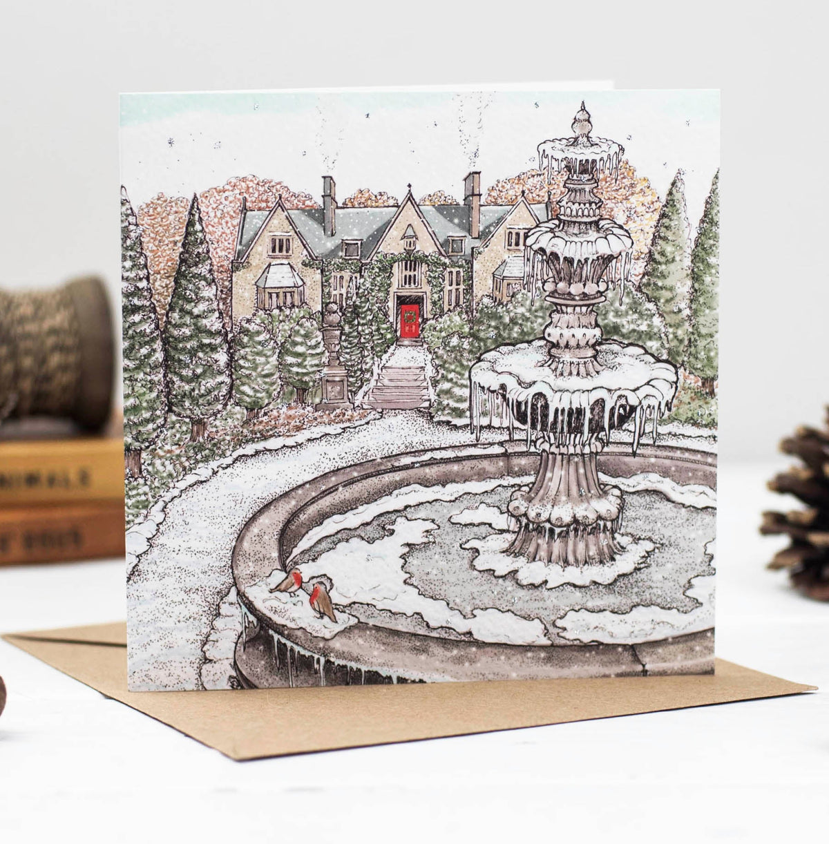 Fountain Hand Drawn Art Robins Blank Christmas Greeting Card