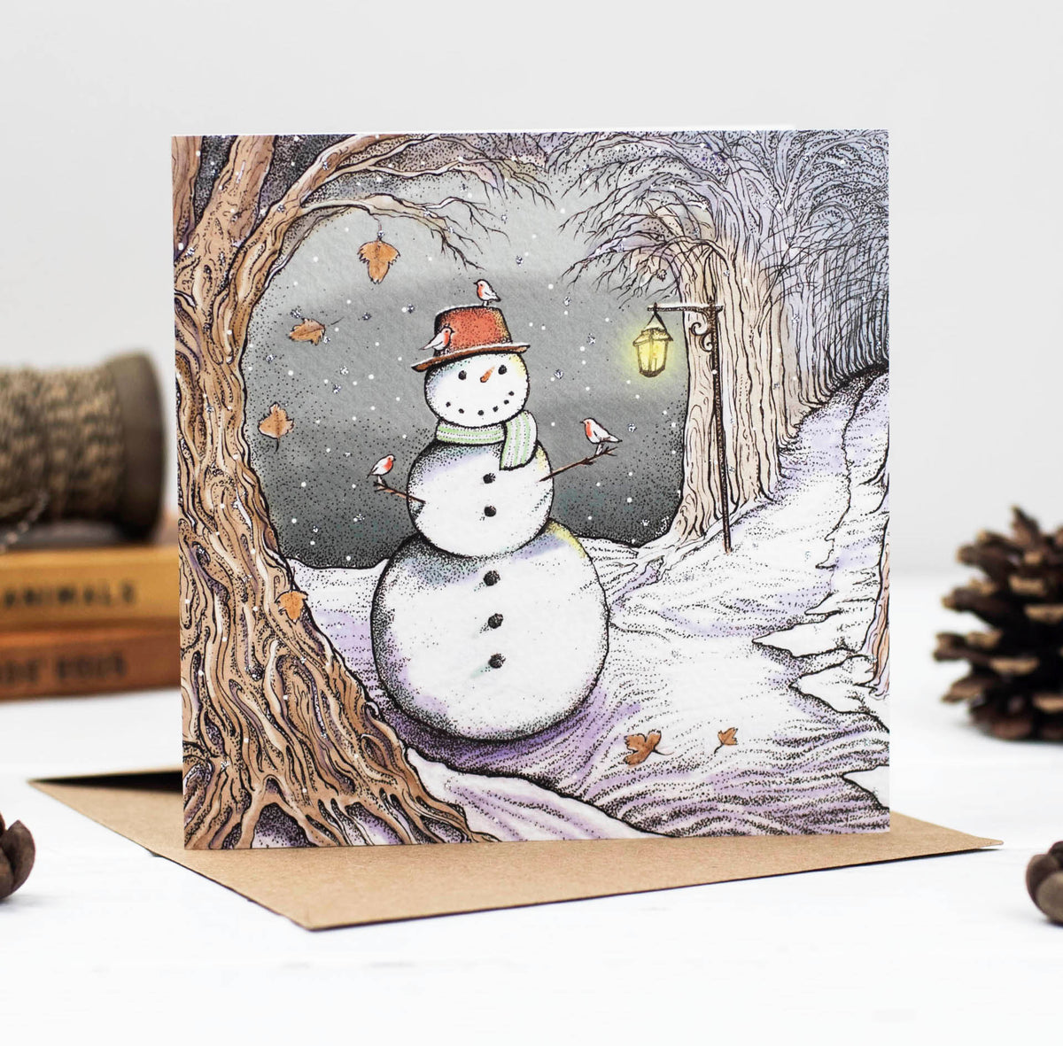 Snowman with Robins in Woodland Christmas Greeting Card