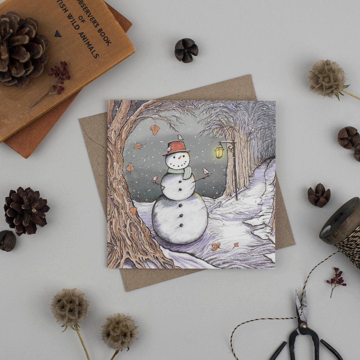 Snowman with Robins in Woodland Christmas Greeting Card