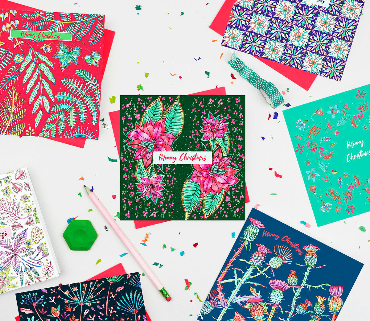 Floral Hand Drawn Mixed Pack Of 12 Blank Christmas Cards